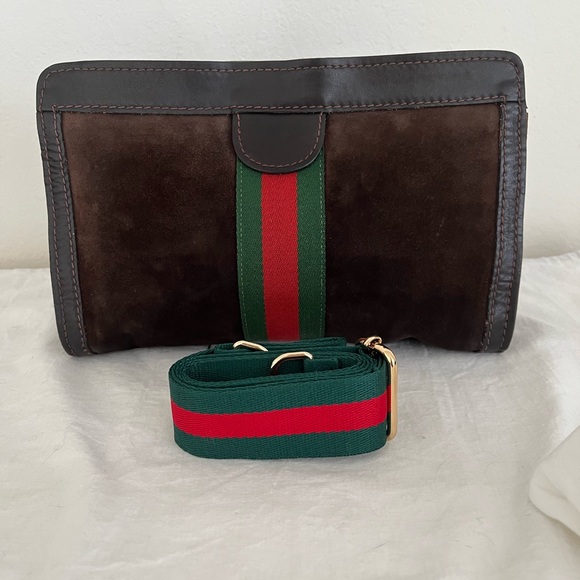 Vintage Gucci Brown Suede Sherry Line Clutch EUC,unbrand strap D rings 1980s - Picture 4 of 15